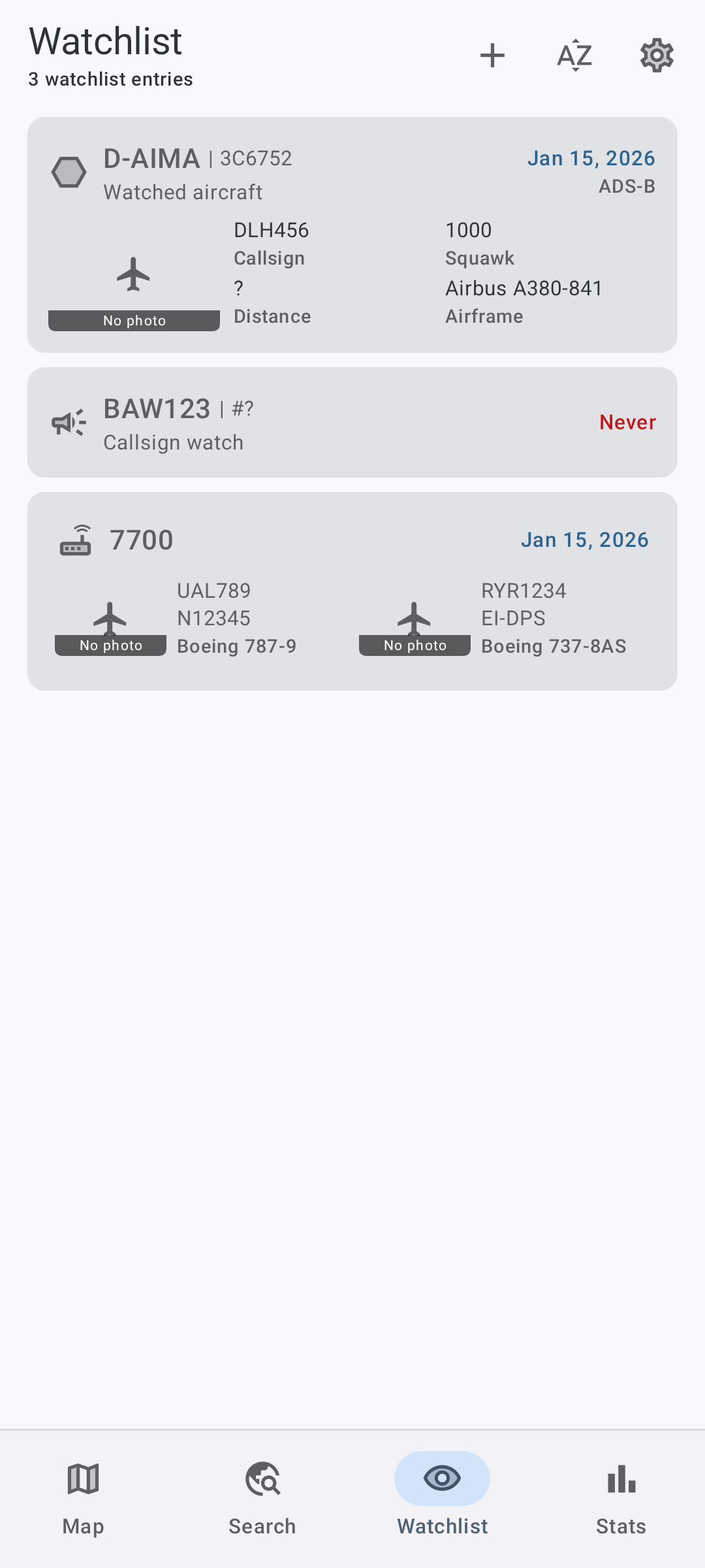 SkyFox watchlist screen